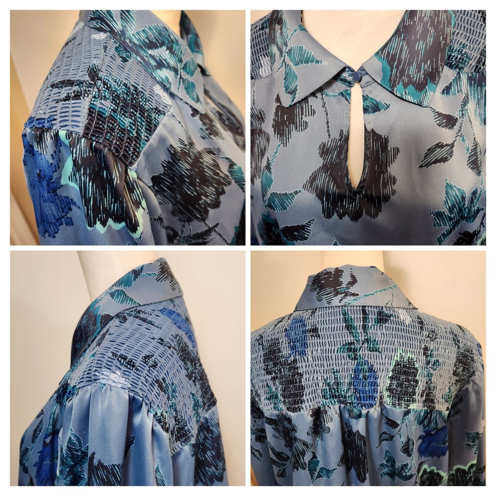 Canyon Retreat‎ Womens XL Blue Floral Print Collared Smocked Top Office Blouse - Picture 7 of 12